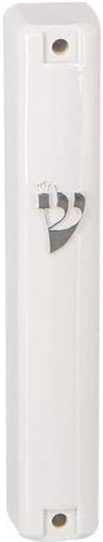 White Plastic Mezuzah Case with Silver Shin