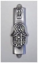 Pewter Mezuzah Chamsa with Scroll