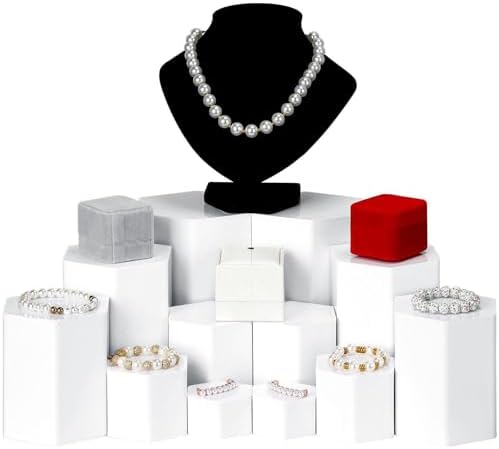 Jetec Hexagonal Jewelry Display Risers - 6 Sizes 12 Pieces White