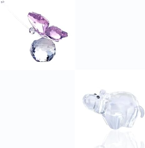 HD Pink Crystal Butterfly Figurine with Crystal Ball Base and Hippopotamus Collectibles
