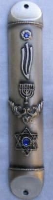 6 Inch Pewter Mezuzah with Star of David and Menorah