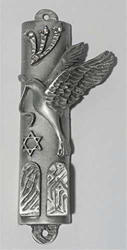 Pewter Mezuzah Peace Dove with Crystal and Scroll