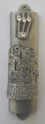Pewter Mezuzah with Crystal - Jerusalem Mezuzah 1