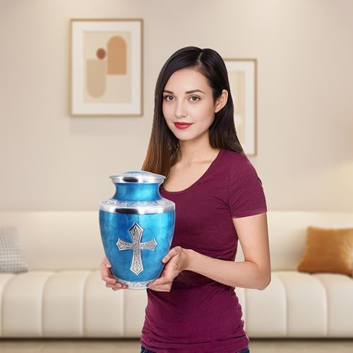M Meilinxu Turquoise Cross Urn for Human Ashes
