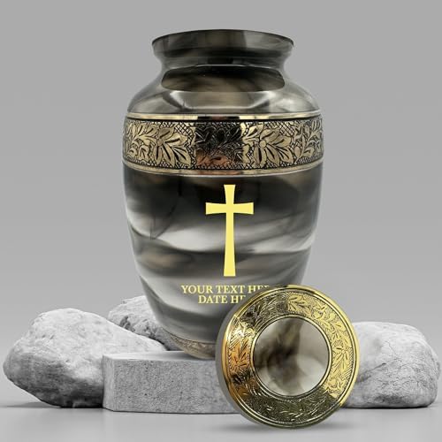 Custom Cremation Urn - Personalized Engraved Name Dates and Memorial Cross in Gold