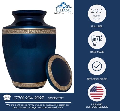 Blue Brass Cremation Urn - Torino Model for Adult Ashes