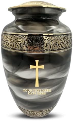 Custom Cremation Urn - Personalized Engraved Name Dates and Memorial Cross in Gold