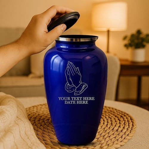 Custom Cremation Urn with Praying Hands Design Purple