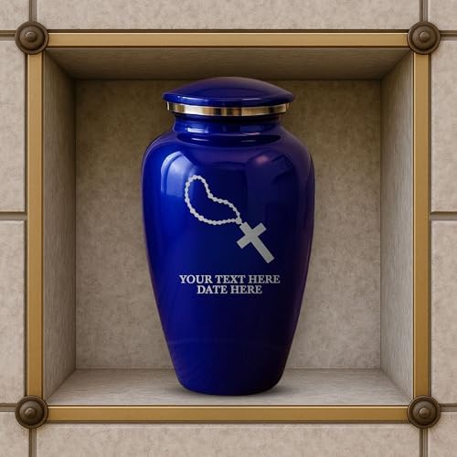 Custom Purple Metal Cremation Urn with Rosary Design