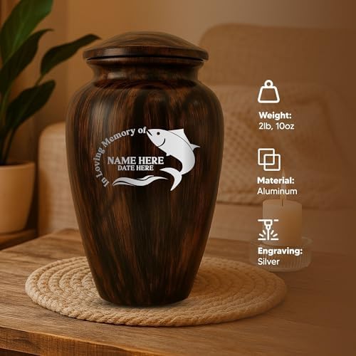 Custom Cremation Urn with Painted Wood Finish and Funny Fishing Design
