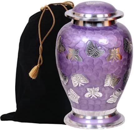 Lavender Butterflies Cremation Urn - Handcrafted Metal Purple Urn with Free Bag