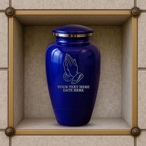Custom Cremation Urn with Praying Hands Design Purple