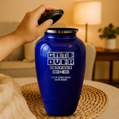 Custom Cremation Urn Metal Vessel Game Over Design Purple