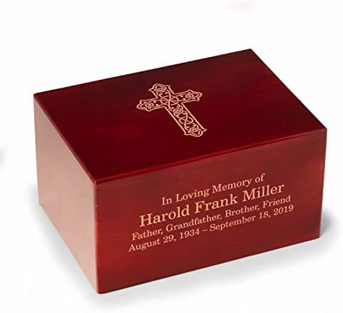 Custom Engraved Rosewood Cremation Urn with Religious Cross Design