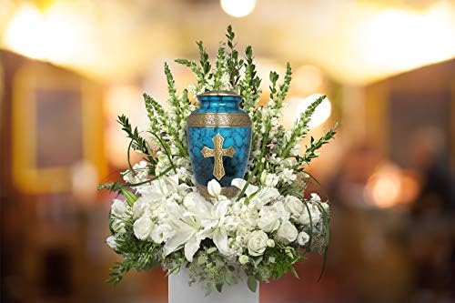 Blue Cross Cremation Urn for Ashes - Handcrafted Decorative Urn