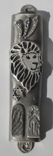 Handcrafted Pewter Mezuzah with Crystals and Lion of Judah