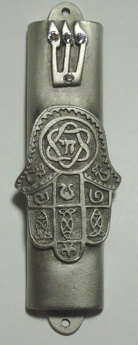 Pewter Mezuzah Chamsa with Scroll