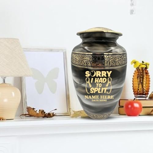 Custom Cremation Urn with Gold Engraving and Bowling Theme