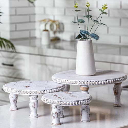 Thyle Rustic Round Wood Tray Riser Set of 3 White
