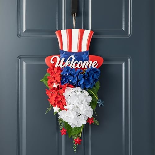 Glitzhome 22 Inch Patriotic Top Hat Hydrangea Wall Decor