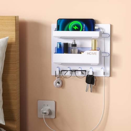 Bedside Shelf Wall Mount Organizer with Hooks and Cable Clips