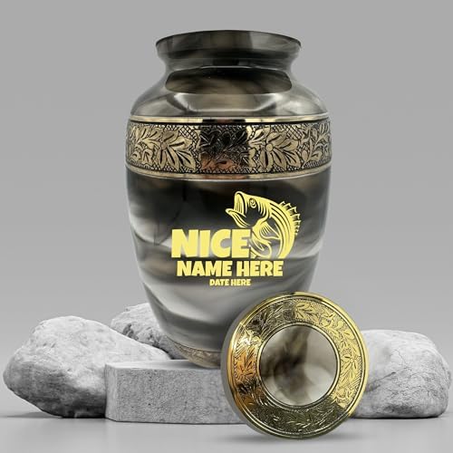 Custom Cremation Urn for Fishing Lovers - Engraved Names Bass Design in Gold