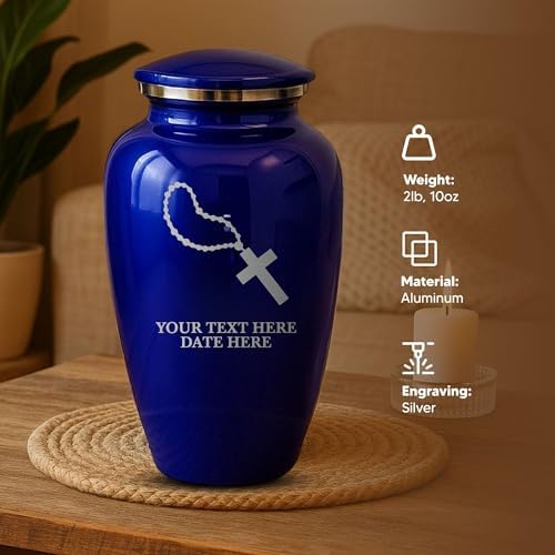 Custom Purple Metal Cremation Urn with Rosary Design
