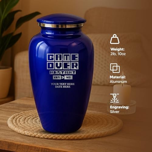 Custom Cremation Urn Metal Vessel Game Over Design Purple