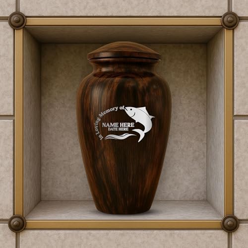Custom Cremation Urn with Painted Wood Finish and Funny Fishing Design