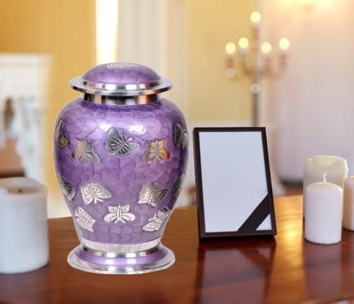 Lavender Butterflies Cremation Urn - Handcrafted Metal Purple Urn with Free Bag