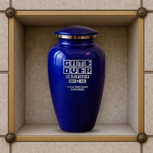 Custom Cremation Urn Metal Vessel Game Over Design Purple