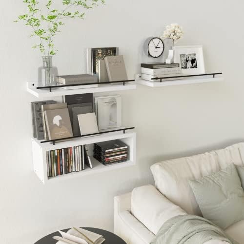WOPITUES Floating Shelves for Wall with Cube Shelf and Metal Rail