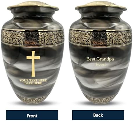 Custom Cremation Urn - Personalized Engraved Name Dates and Memorial Cross in Gold