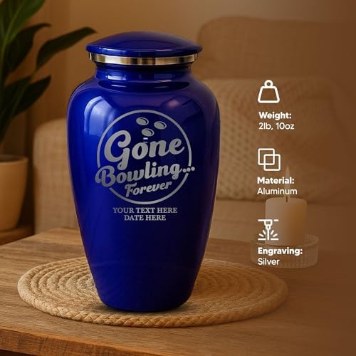 Custom Cremation Urn - Funny Bowling Themed Purple Metal Vessel