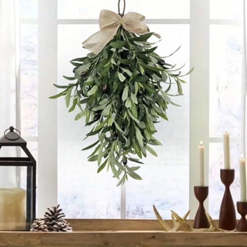 24 Inch Artificial Olive Teardrop Swag with Bow
