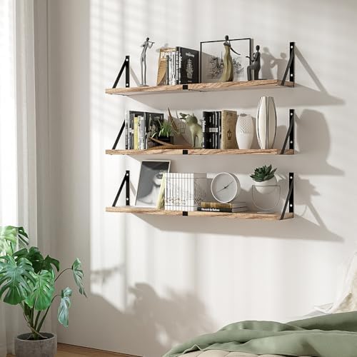 Senyh Floating Book Shelves Set of 3 33 Inch Long Wood Wall Shelf