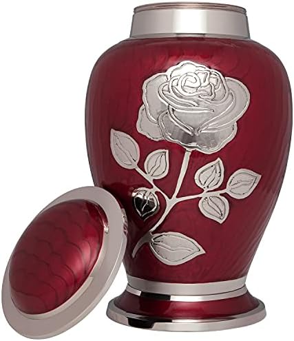 Silver Rose Cremation Urn - Brass Funeral Urn with Red Enamel