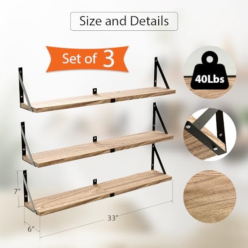 Senyh Floating Book Shelves Set of 3 33 Inch Long Wood Wall Shelf