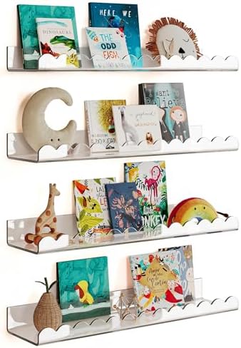 GW Gruwald 4 Pack Clear Acrylic Floating Book Shelves for Kids Room