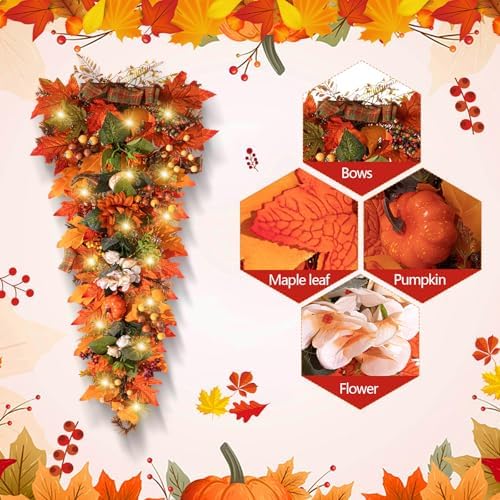 Hotop 2 Pcs 36 Inch Artificial Fall Wreath with LED Lights