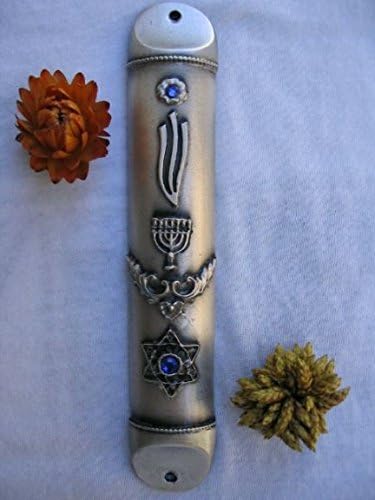 6 Inch Pewter Mezuzah with Star of David and Menorah