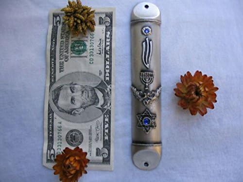 6 Inch Pewter Mezuzah with Star of David and Menorah
