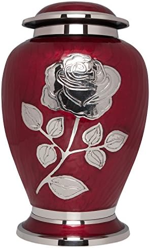 Silver Rose Cremation Urn - Brass Funeral Urn with Red Enamel