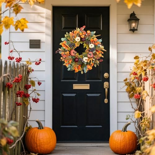 Fall Wreath with Pumpkins and Pinecones 24 Inch