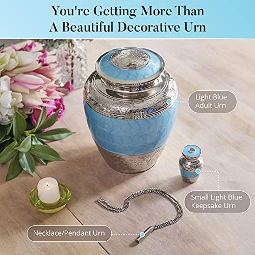 Light Blue Urns for Human Ashes - Handcrafted with Cremation Necklace