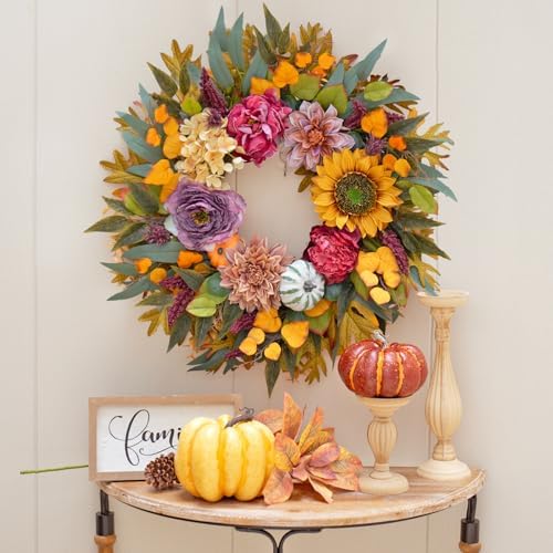24 Inch Fall Wreath with Sunflowers Pumpkins Peonies Hydrangeas Dahlias Eucalyptus