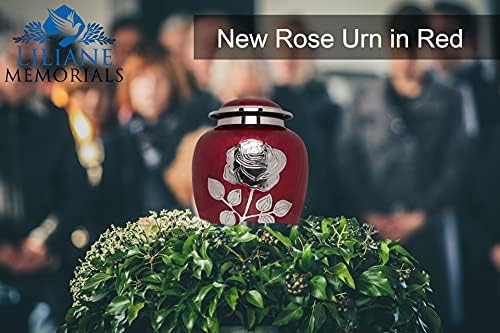 Silver Rose Cremation Urn - Brass Funeral Urn with Red Enamel