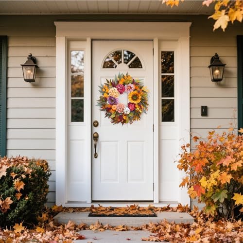 24 Inch Fall Wreath with Sunflowers Pumpkins Peonies Hydrangeas Dahlias Eucalyptus