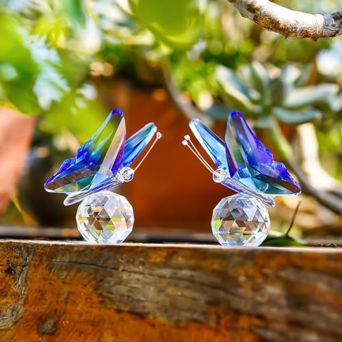 HD Pink and Blue Crystal Butterfly Figurine with Crystal Ball Base