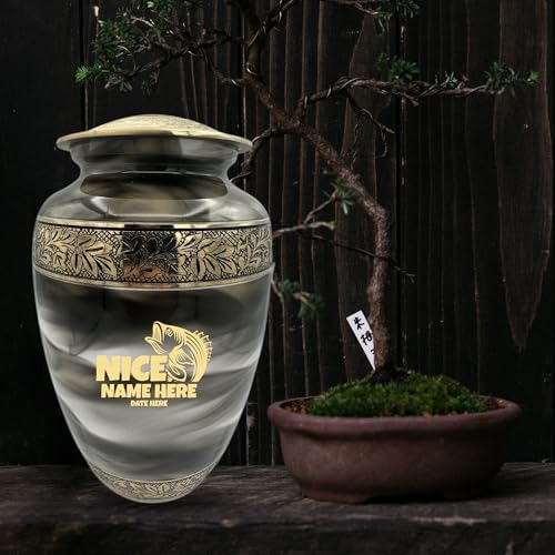 Custom Cremation Urn for Fishing Lovers - Engraved Names Bass Design in Gold